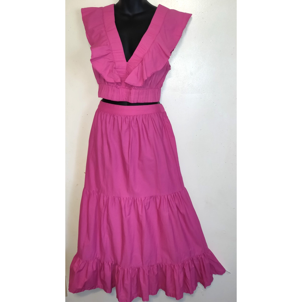 Bright Pink Peasant Maxi Dress 2pc L Tiered Boho Whimsigoth Ruffles Cropped